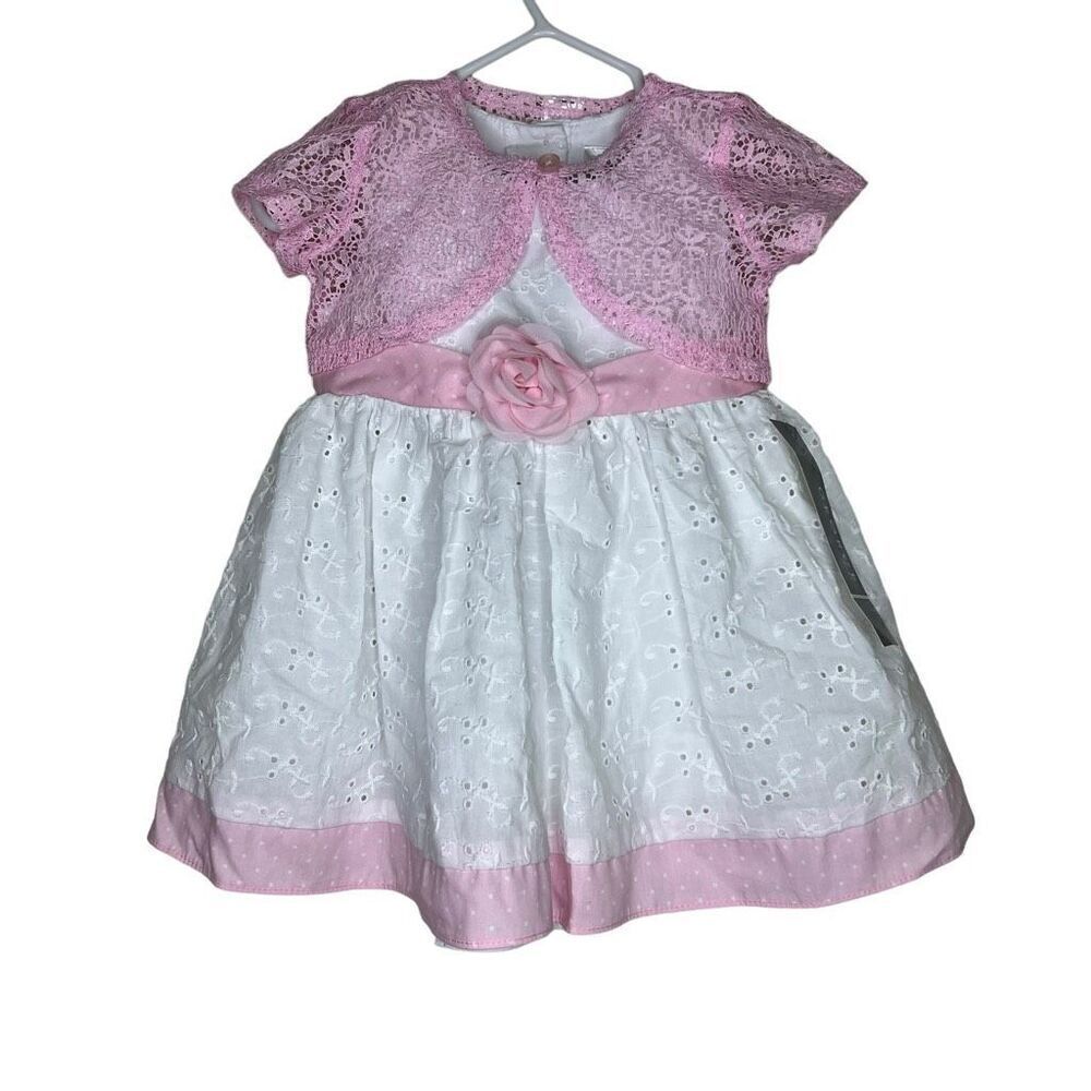 NWT George White Eyelet Easter & Holiday Dress & Pink Lace Jacket 6/9Mo